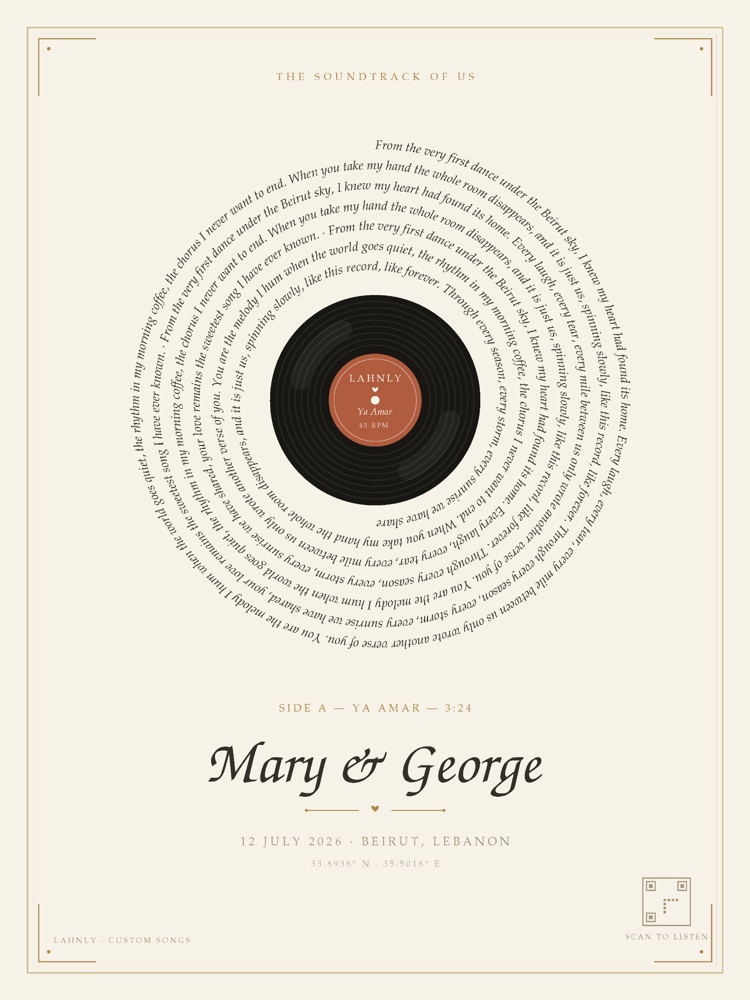Digital lyric art example with a vinyl-inspired circular lyric design for Mary and George